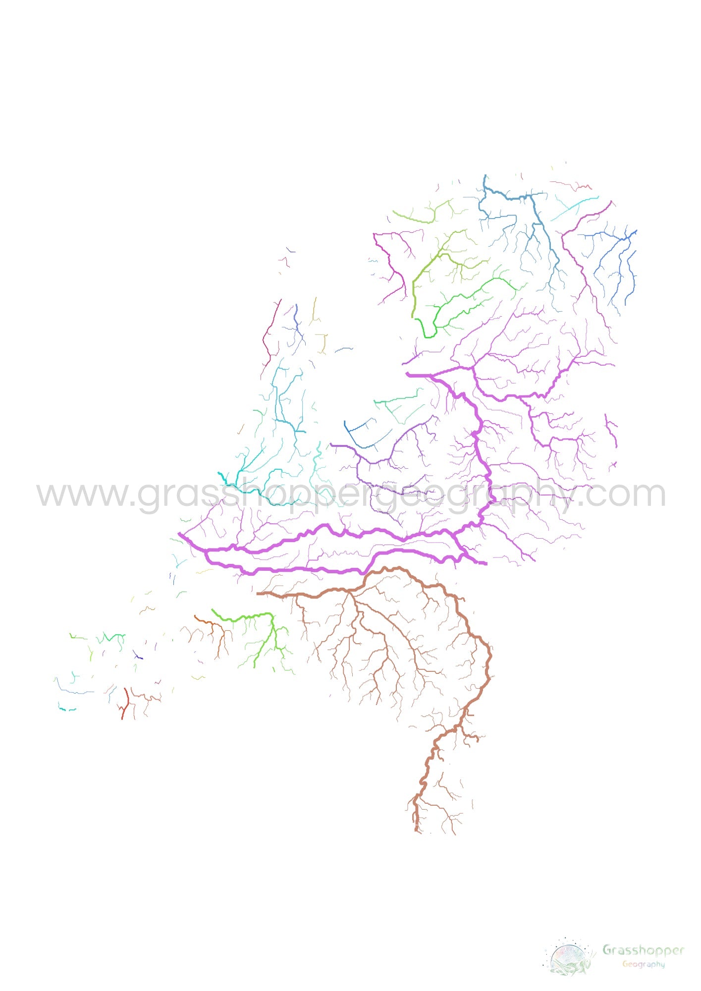 River Basin Map Of The Netherlands Rainbow Colours On White Fine Art   River Basin Map Of The Netherlands With White Background Fine Art Print By Grasshopper Geography Licensable 4 