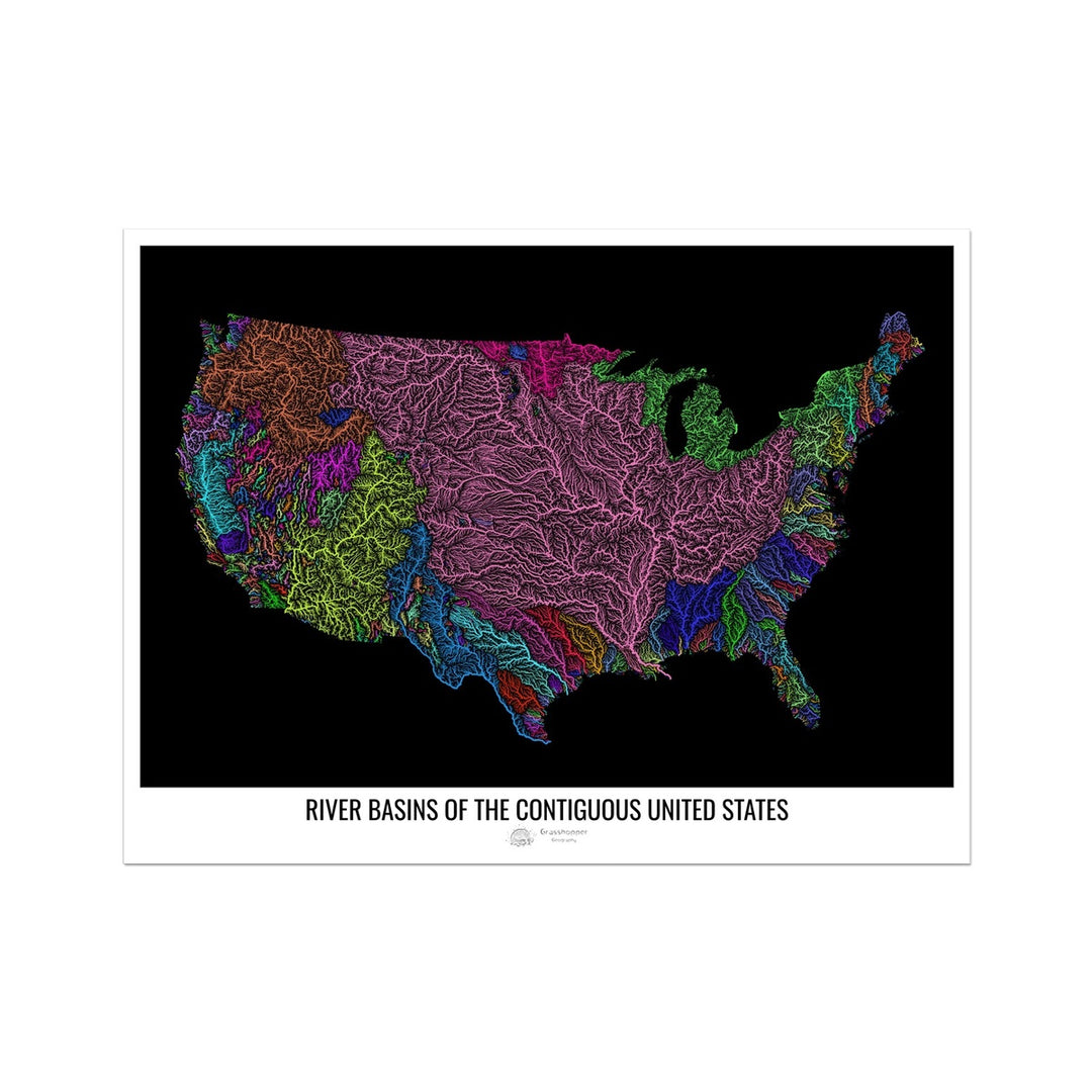 PERSONALIZADO Estados Unidos - Mapa da bacia hidrográfica, preto - Impressão de arte fotográfica